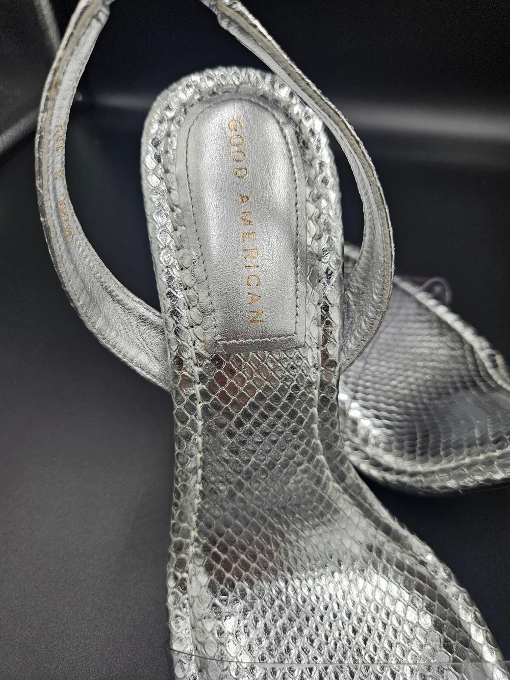 Good American Silver Snake Print Slingback Heels Clear Strap Stiletto Pumps 10.5